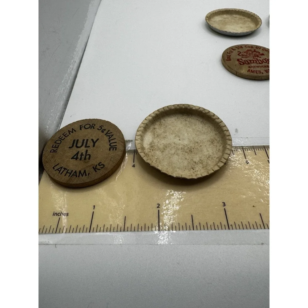 Vintage Advertising Lot Roberts Milk Caps Sambos Coffee Token Wooden Nickels 6pc